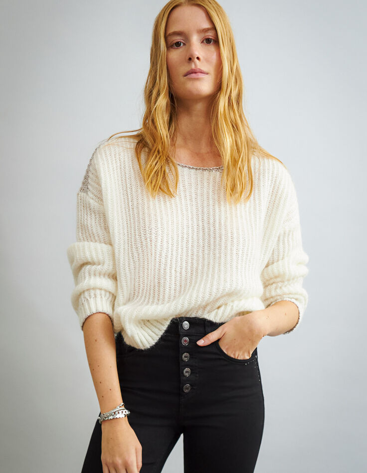 Grof gebreide ecru trui met mohair voor dames-1