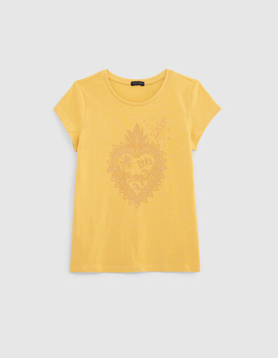 T-shirt jaune coton bio visuel coeur pailleté fille - IKKS