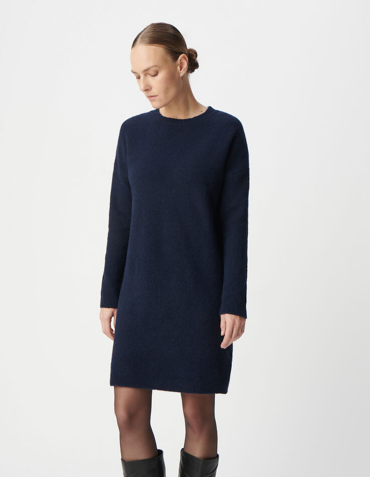 Marineblaues Damen-Rundhalsausschnitt-Kleid mit langen &Auml;rmeln-2