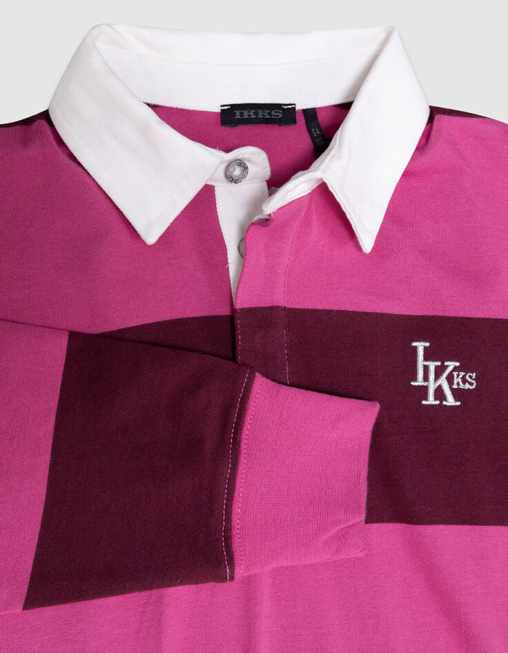 Polo rose coton bio rayures bordeaux col blanc fille-4