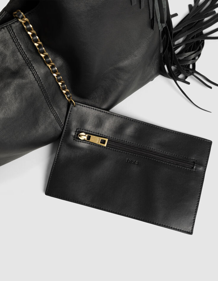 Schwarze Damenhobo-Tasche weiches Leder mit Fransen-4