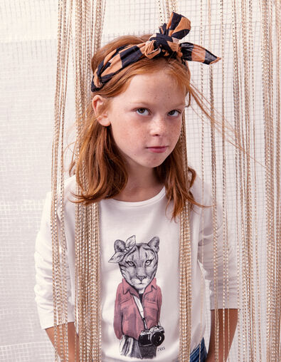 Cremeweißes Mädchenshirt mit Löwin und Schleife - IKKS