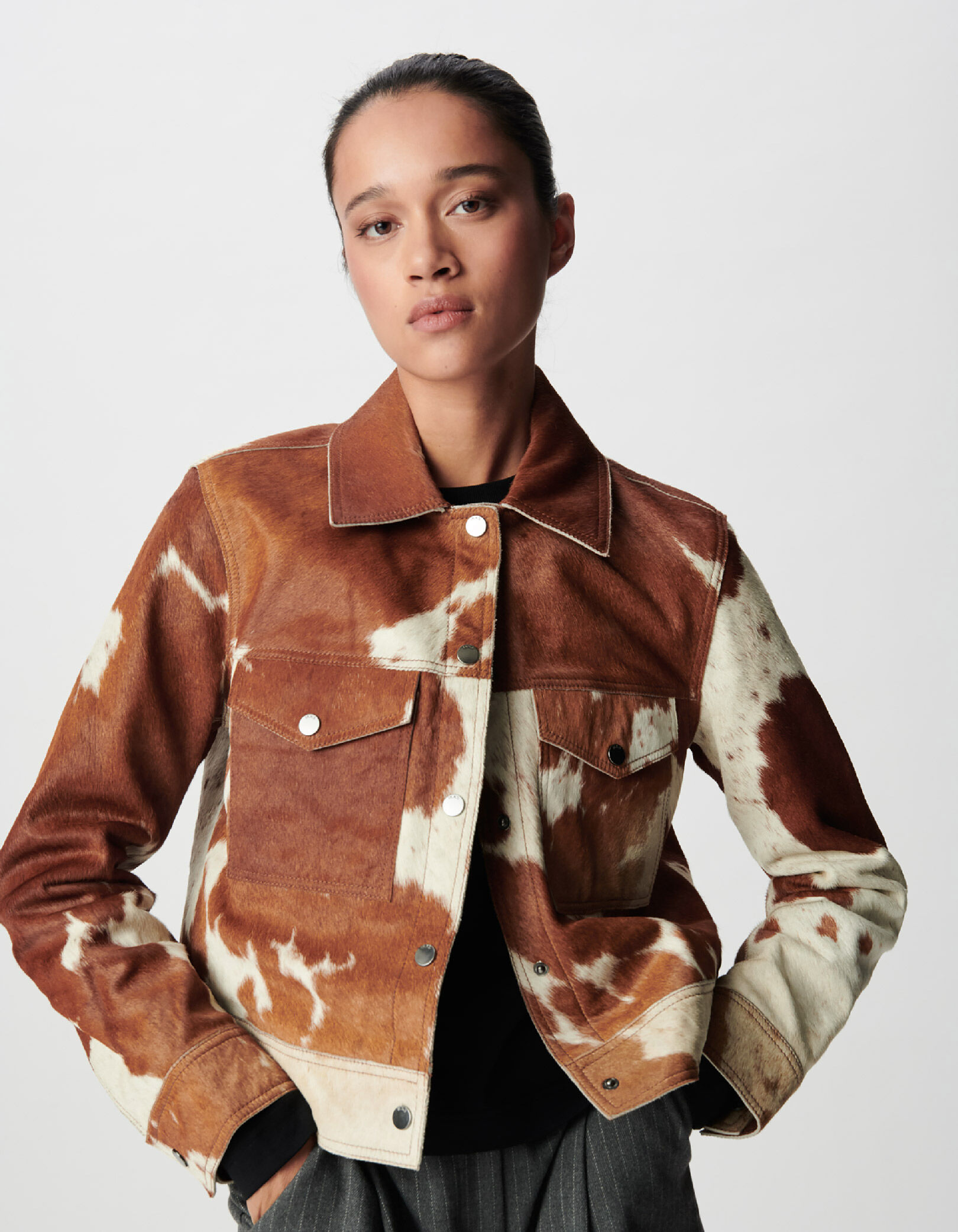 Women's brown leather short jacket with cow pattern IKKS