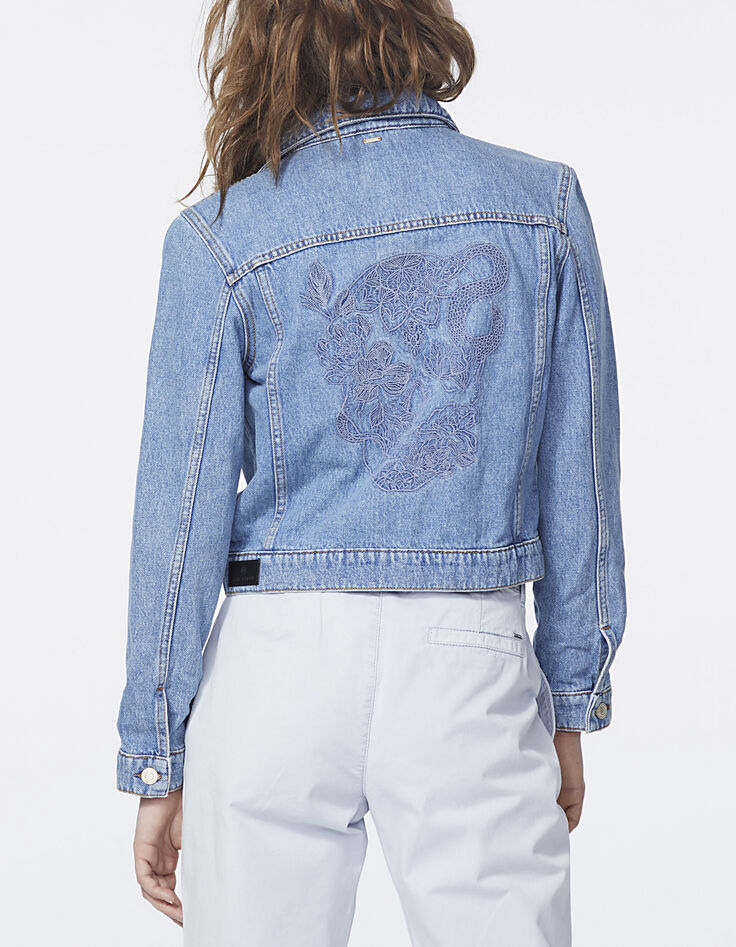 Veste courte en jean bleu broderie dos femme-3