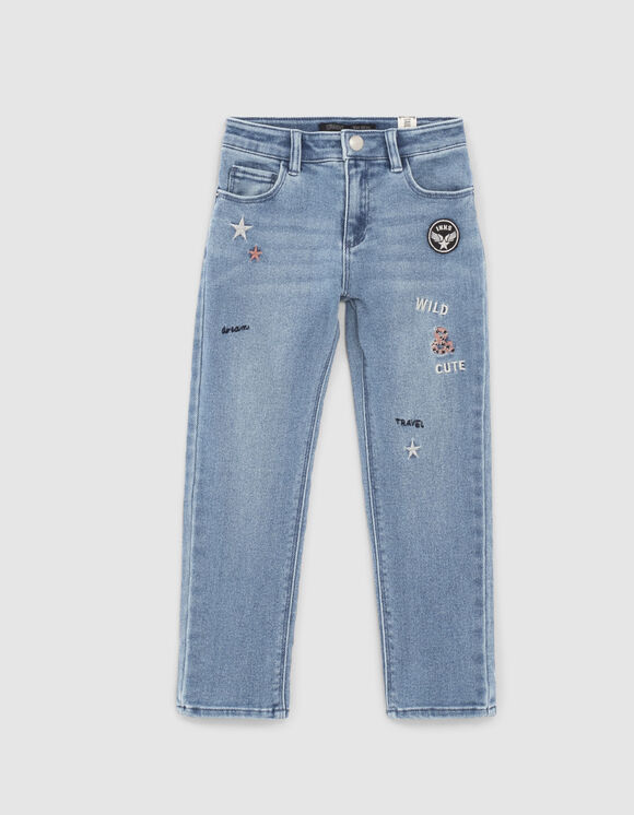 Jean straight stone blue avec broderies fille