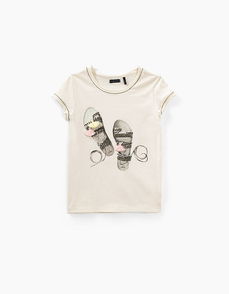 Girls’ ecru T-shirt with fringed sandal graphic-1