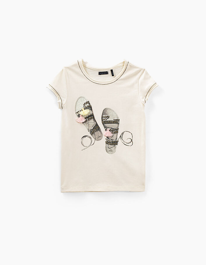 Cremeweißes Mädchen-T-Shirt mit Sandalenprint und Fransen - IKKS