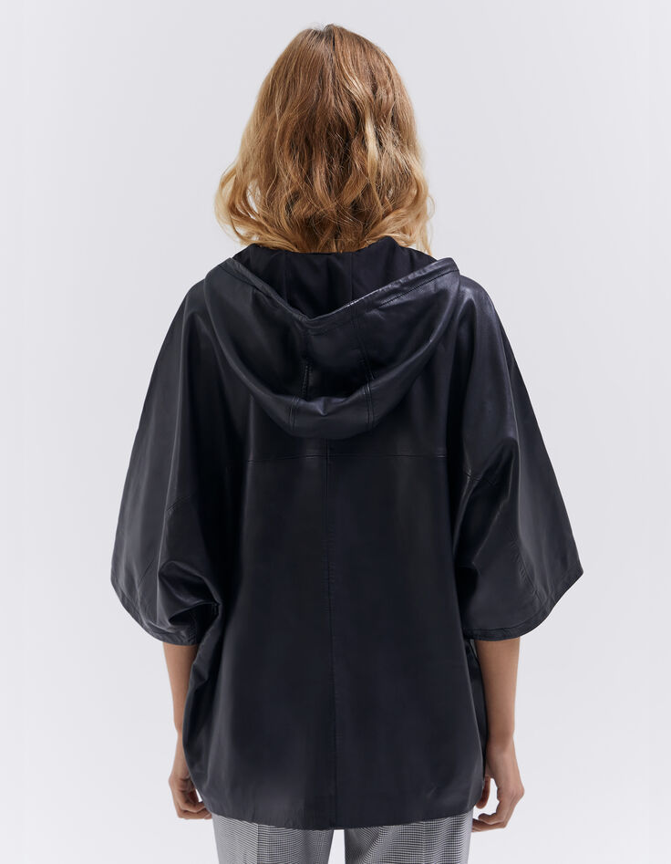 Women’s black cape-style leather jacket with hood-4