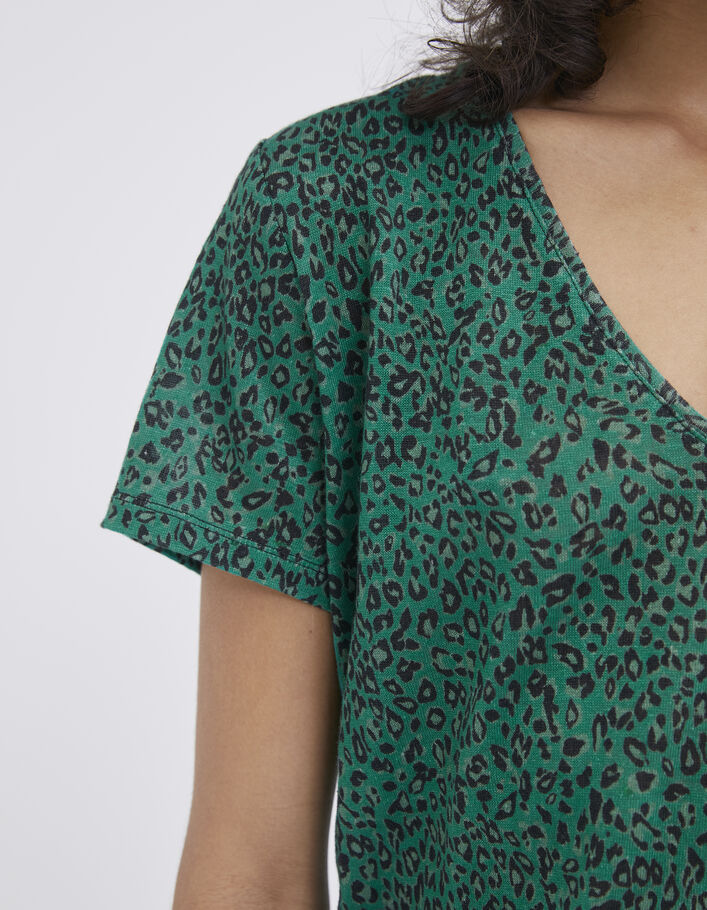 Grünes Damen-T-Shirt aus Leinenjersey mit Leo-Print - IKKS