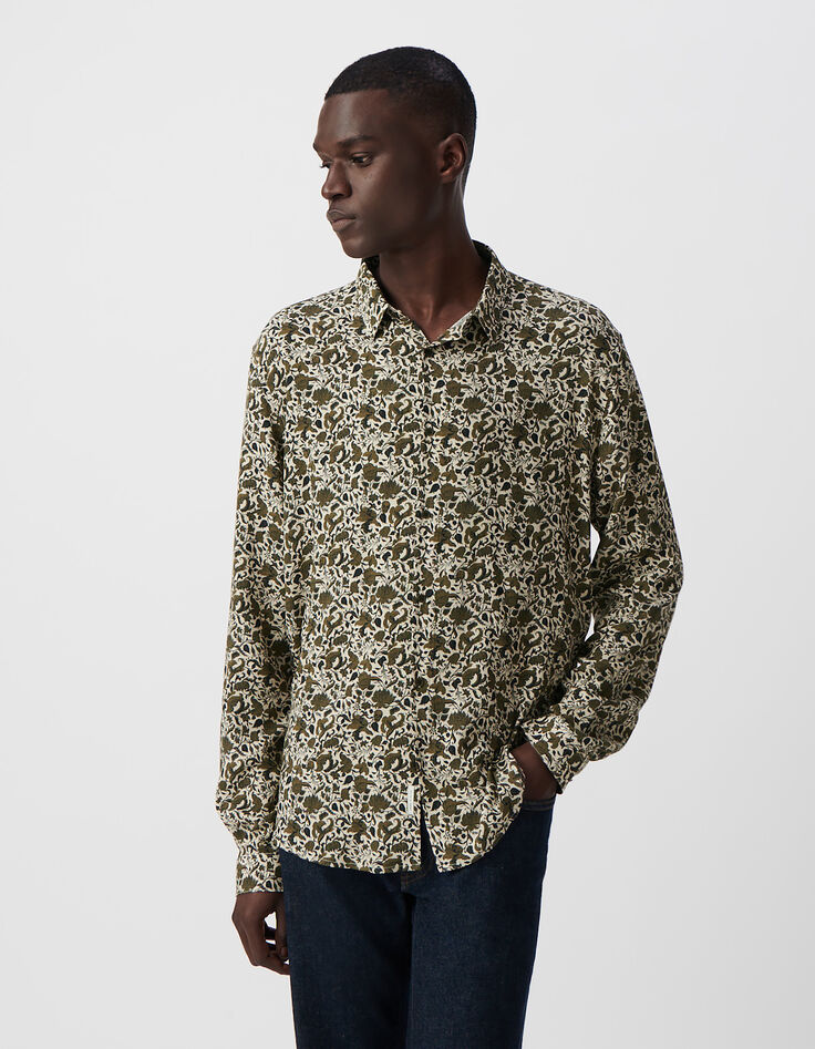Men’s khaki SLIM shirt with floral skull print-2