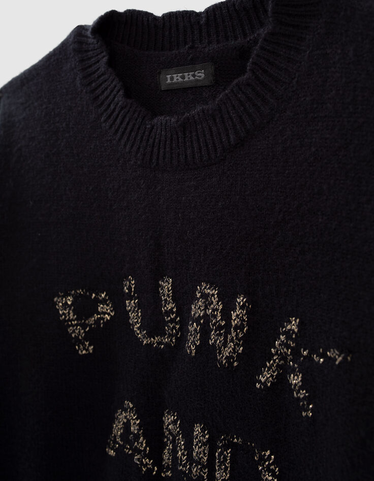 Pull navy fonc&eacute; tricot message jacquard fille-2