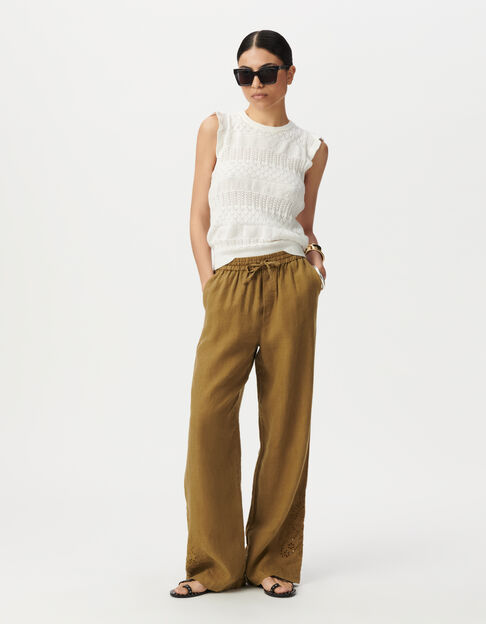 Pantalon large kaki taille haute broderies placées Femme - IKKS