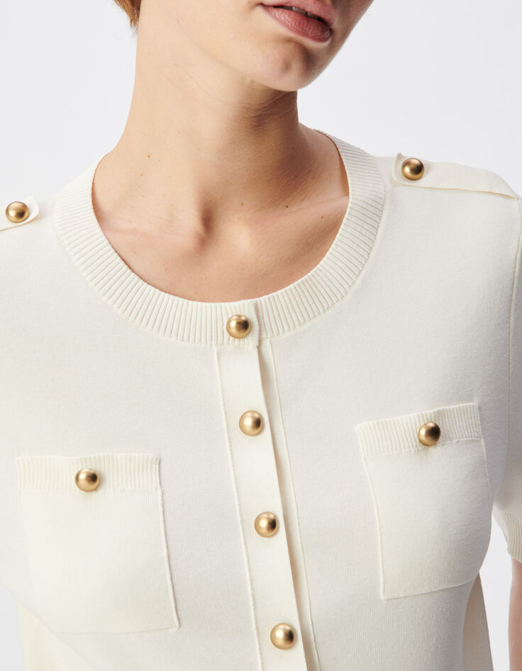 Cardigan manches courtes blanc tricot deux poches Femme-4