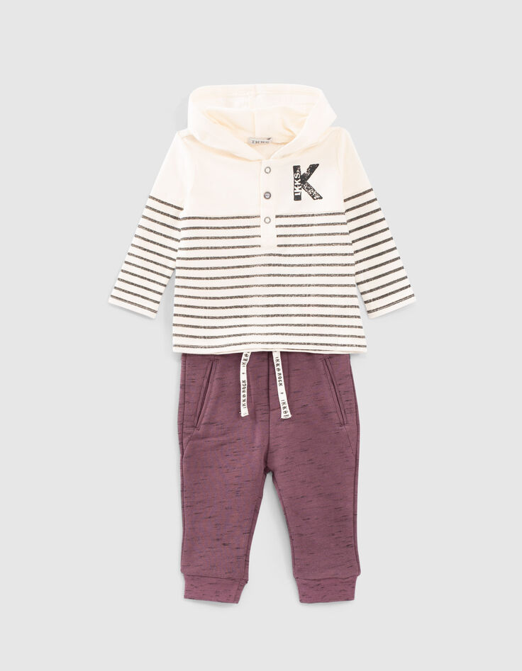 Baby boys’ ecru T-shirt and purple joggers outfit-2