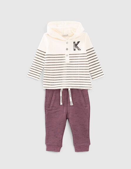Baby boys’ ecru T-shirt and purple joggers outfit 