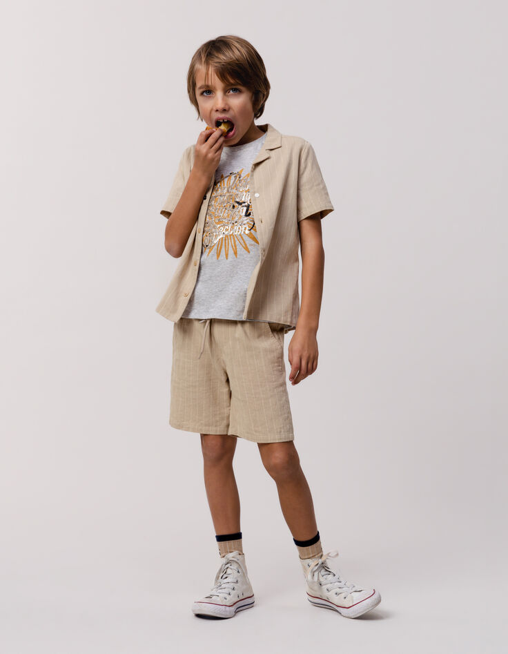 Beige Jungenbermudas, Biobaumwolle, Streifenmotiv-1