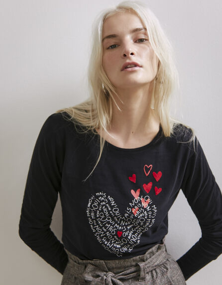 Camiseta algodón negro mensaje y corazones mujer