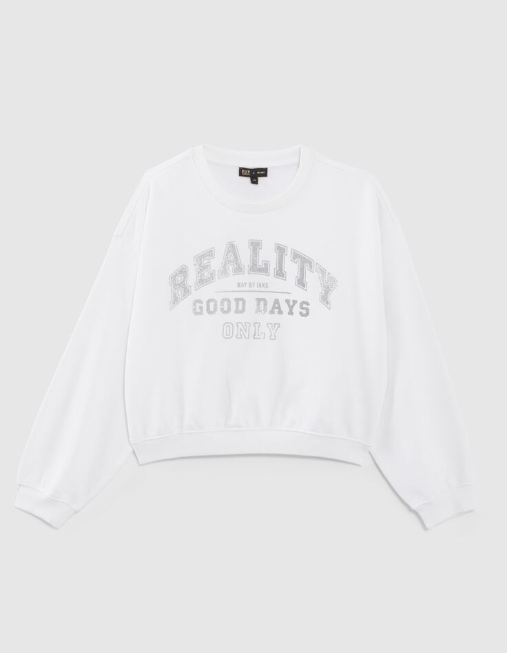 Girls' off-white sweatshirt with silver glitter slogan-1