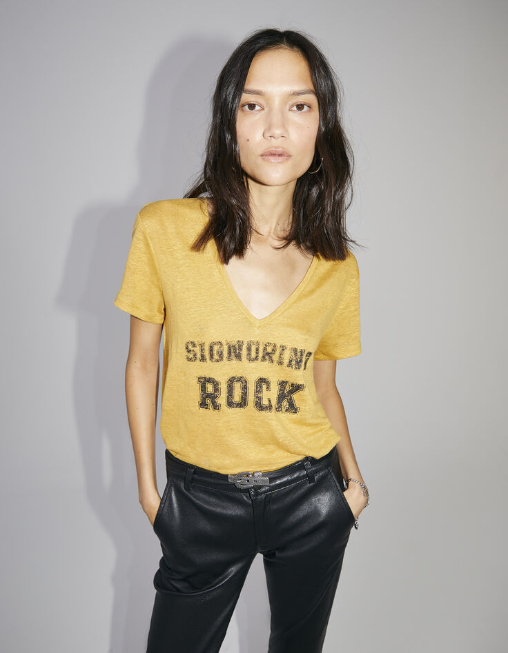 Tee-shirt jaune visuel message manches courtes femme-1