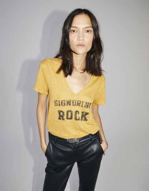 Women's yellow slogan image short-sleeve T-shirt