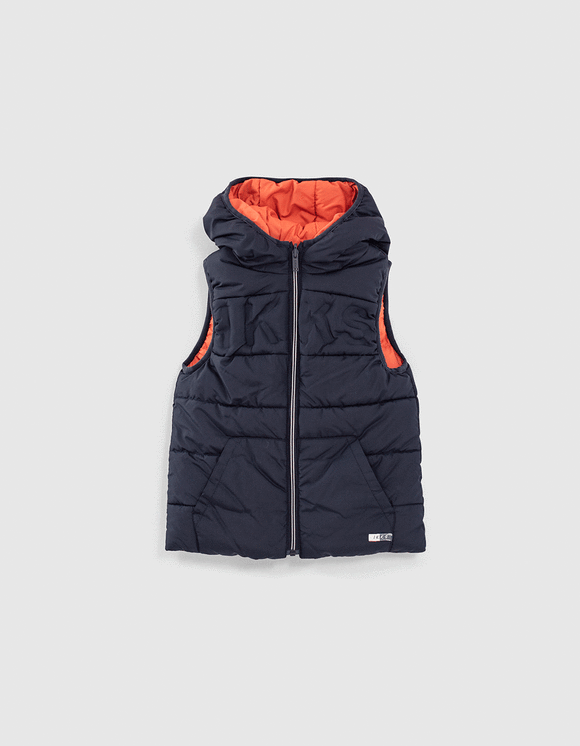 Boys’ navy and coral recycled reversible bodywarmer