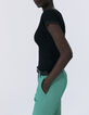 Tee-shirt noir côtelé bord dentelle Femme-3