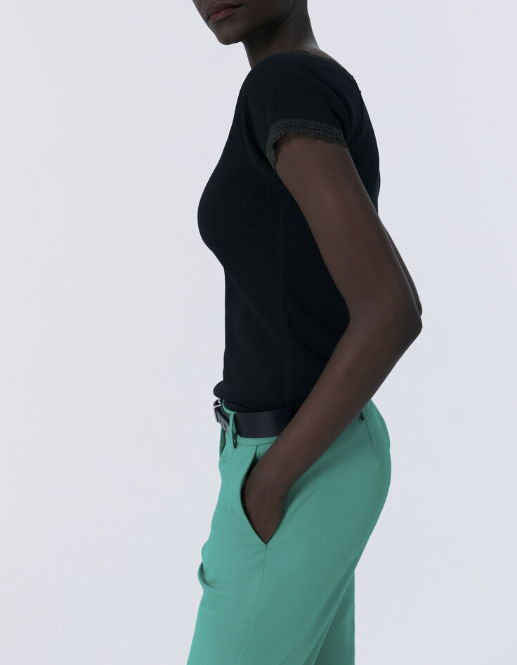 Tee-shirt noir côtelé bord dentelle Femme-3