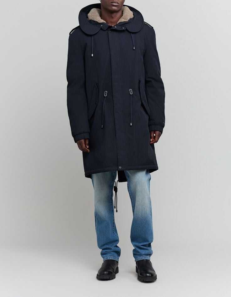 Men's navy blue parka with beige sherpa lining-8