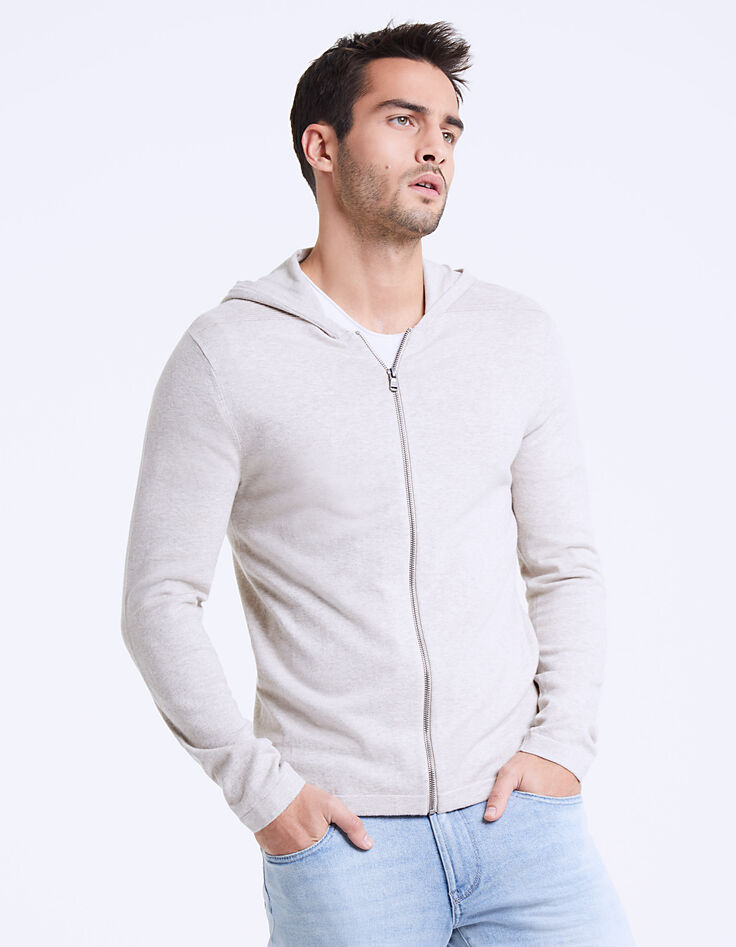Cárdigan beige cremallera y capucha Hombre-3