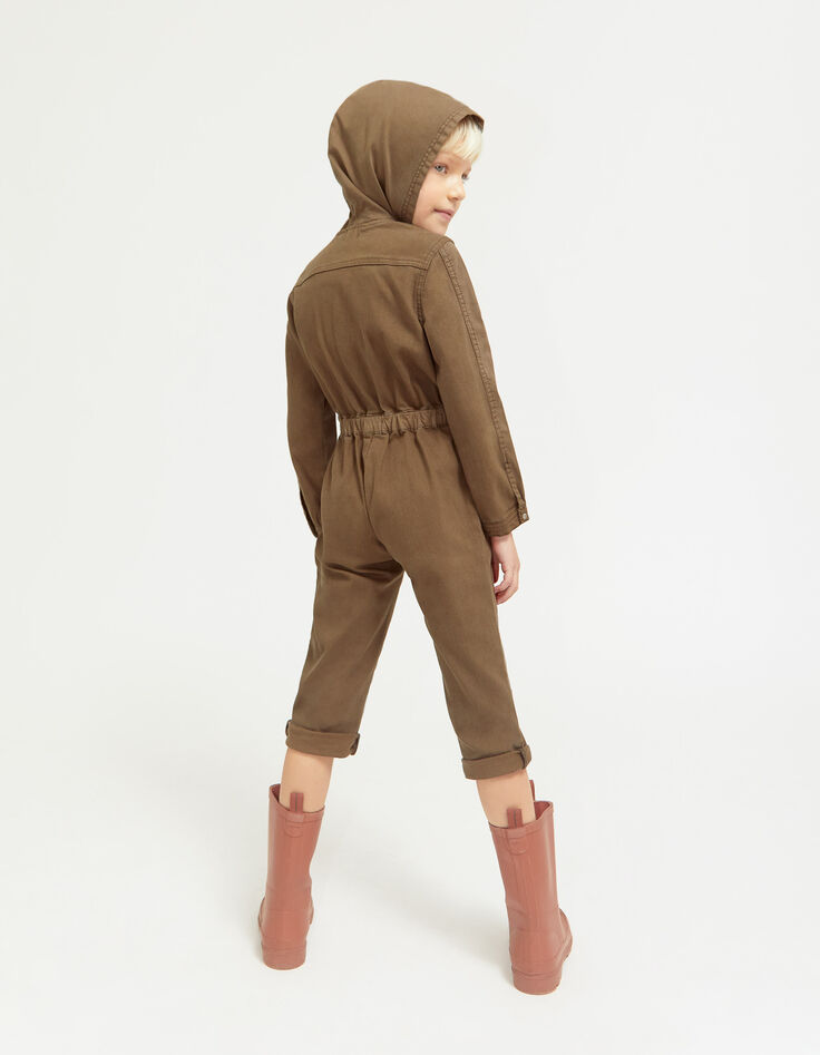Lange kaki jumpsuit denim patch met kap meisjes-2