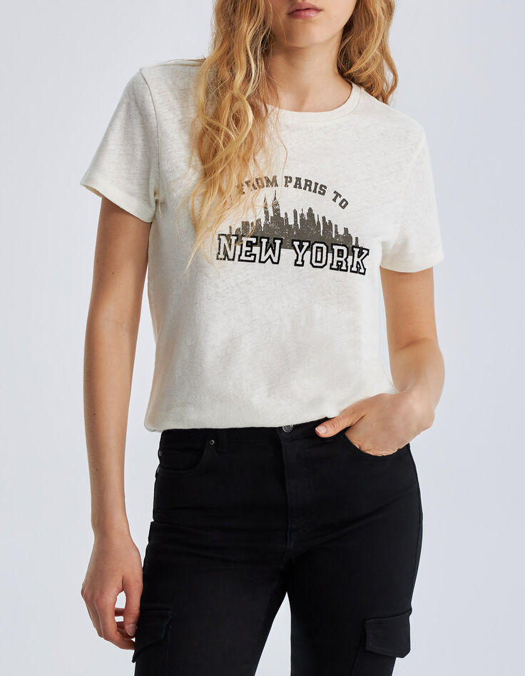 Elfenbeinfarbenes Damen-T-Shirt aus Baumwolle und Leinen-2 Elfenbeinfarbenes Damen-T-Shirt aus Baumwolle und Leinen-2