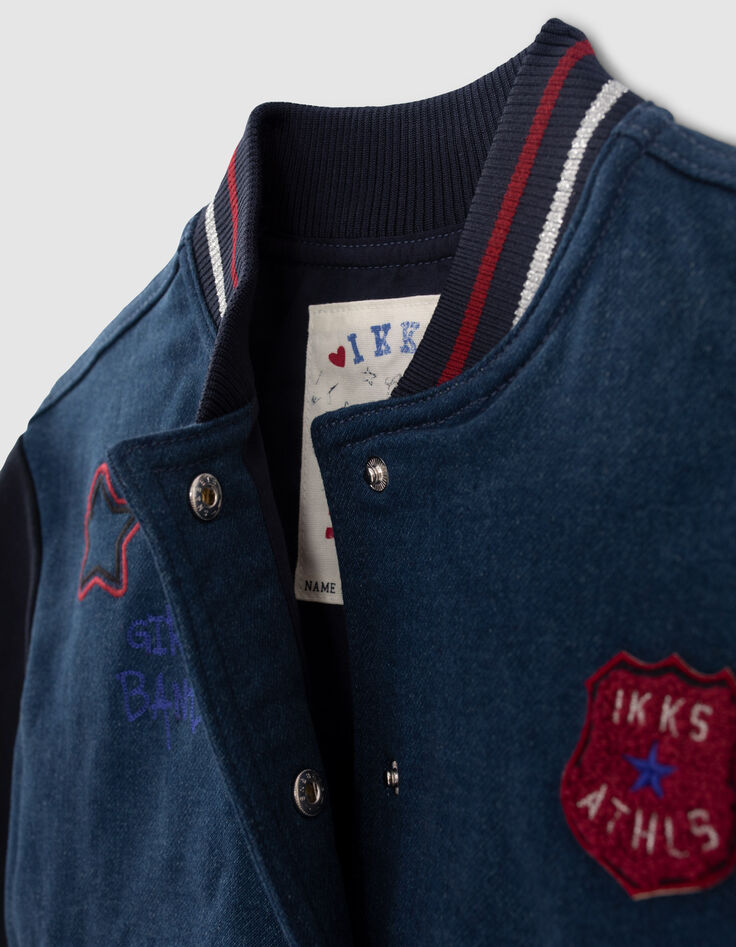 Bestickte Jeans-Mädchenteddyjacke, marineblau, Materialmix-3