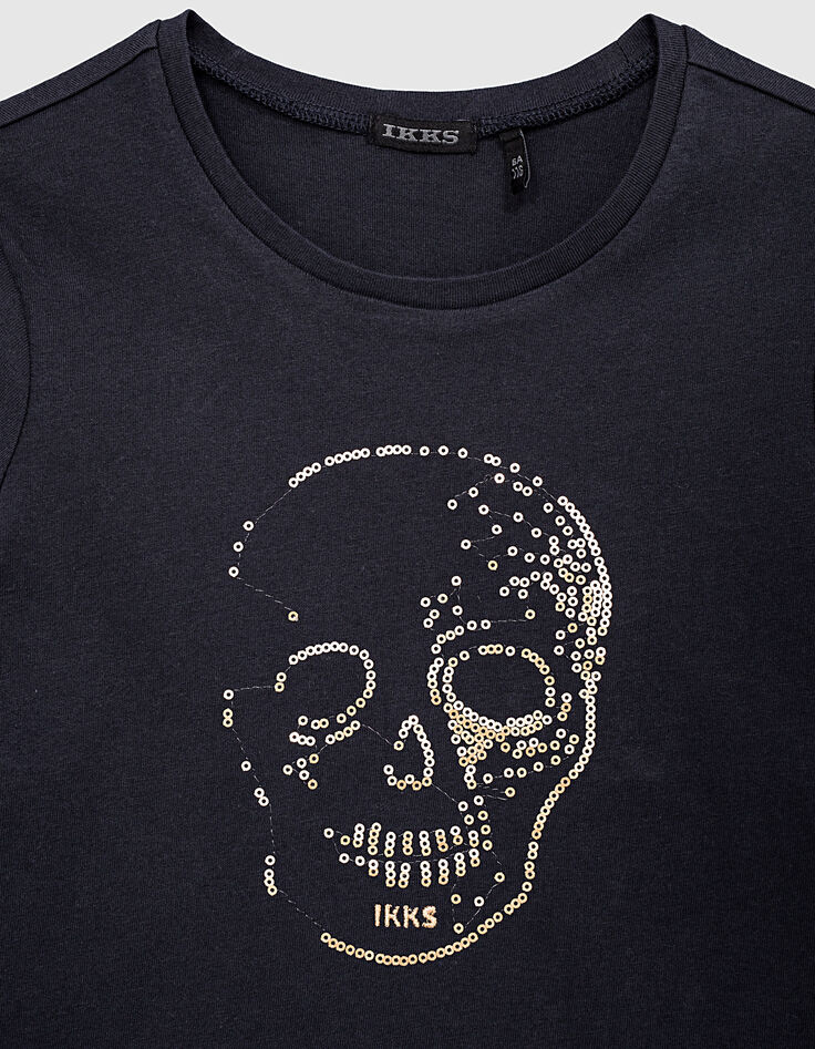 Tee-shirt navy fonc&eacute; t&ecirc;te de mort sequins or fille-2