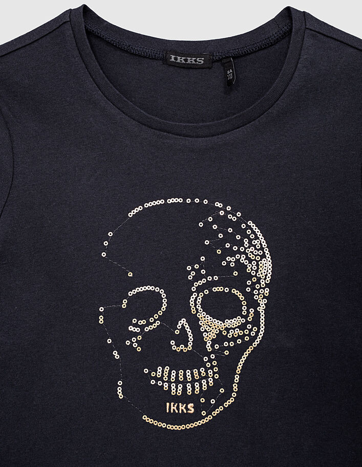 Girls’ dark navy T-shirt with gold sequin skull - IKKS
