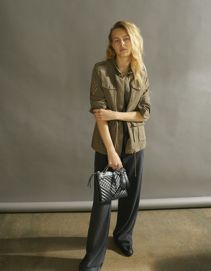 Blouson long kaki esprit saharienne motif au dos femme-3