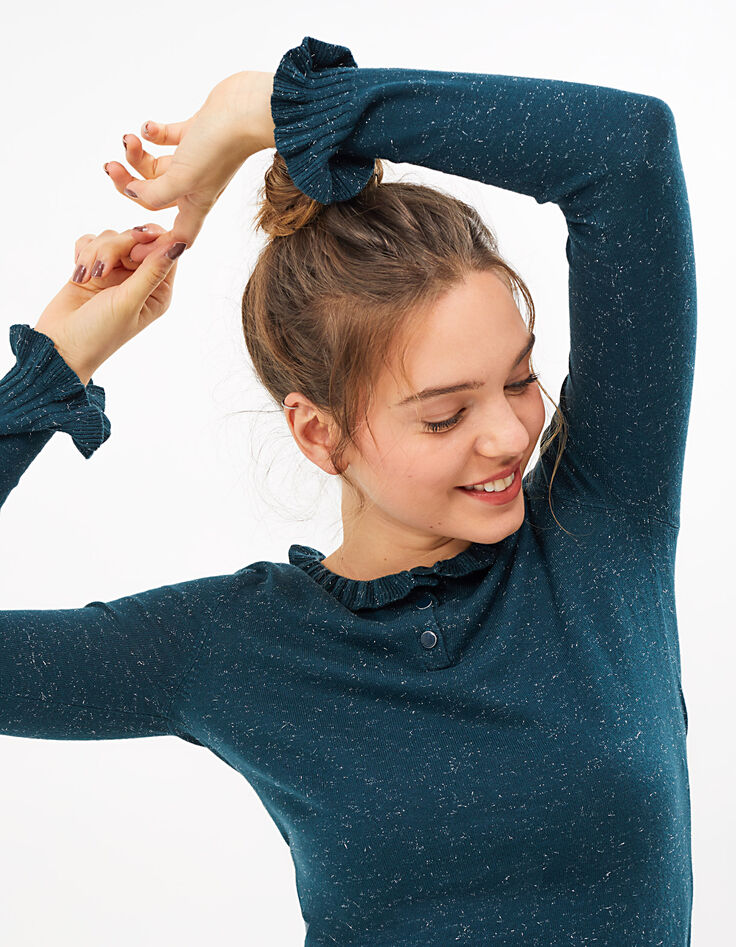 Grüner Strickpullover mit Glitzer und Plisseekragen I.Code-2