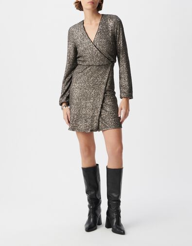 Robe portefeuille grise brod&eacute;e sequins m&eacute;tallis&eacute;s Femme - IKKS