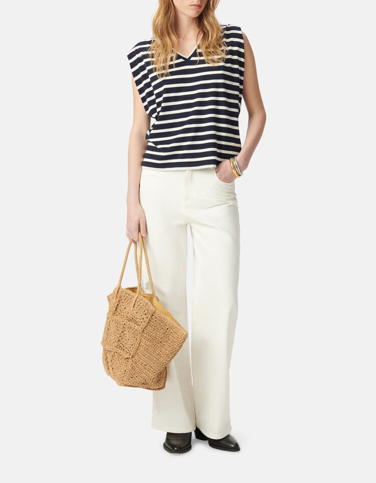 Marine-wit gestreept matrozen t-shirt met schoudervullingen Dames-3