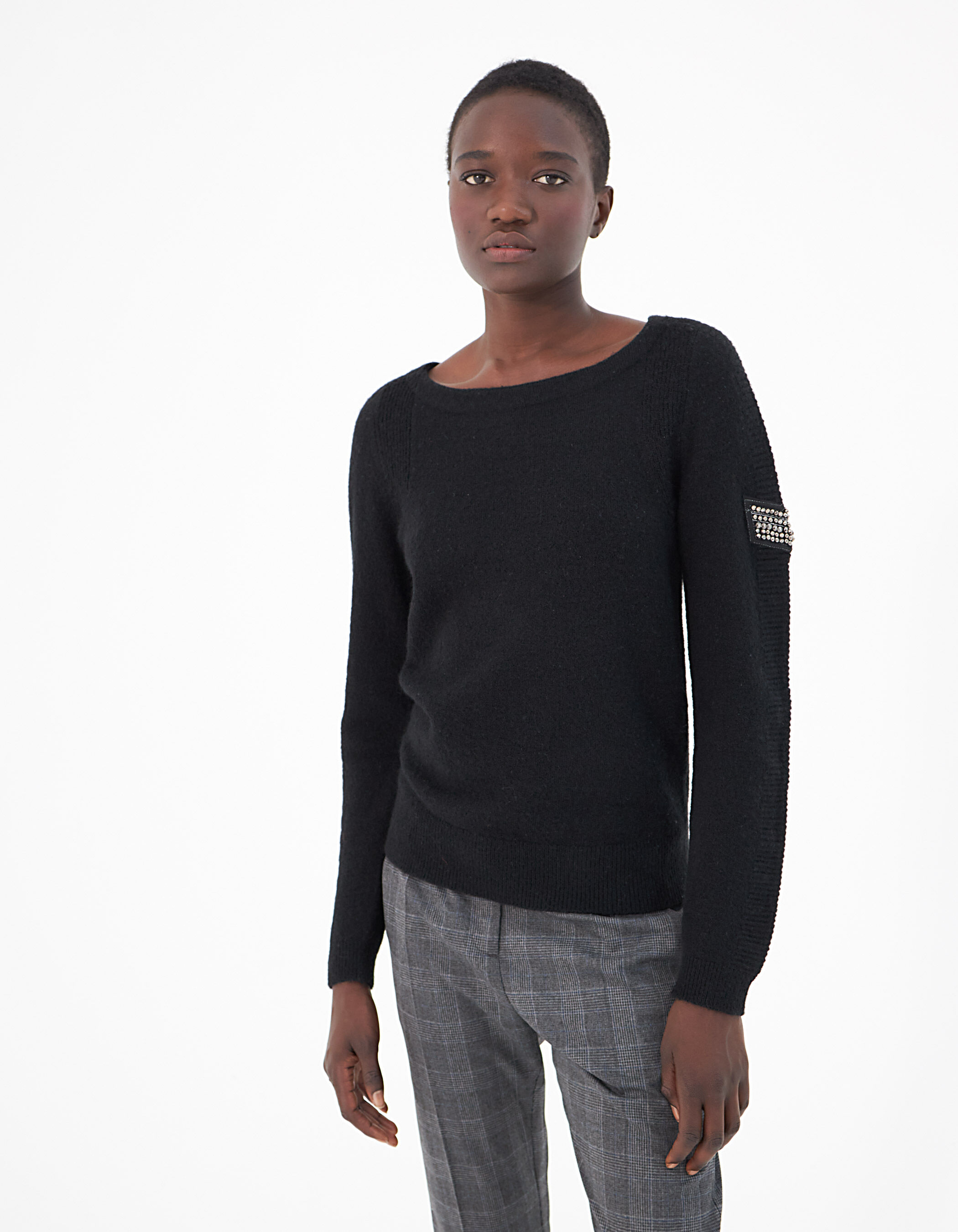 black studded chevron fluffy knit sweater