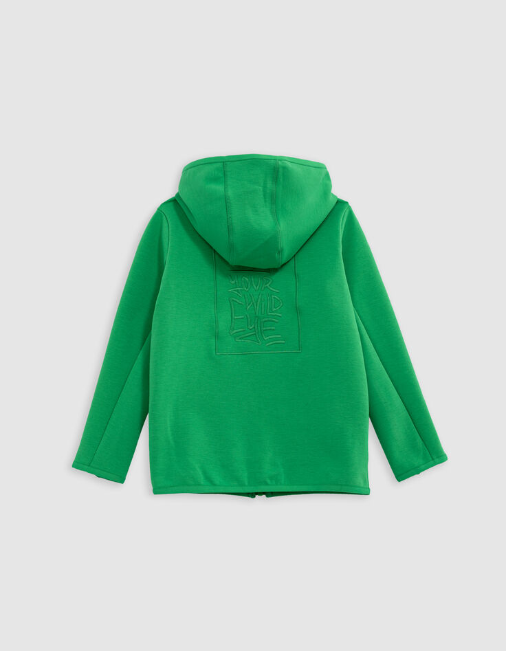 Boy's green zipped cardigan, slogan embroidered on back-3 Boy's green zipped cardigan, slogan embroidered on back-3