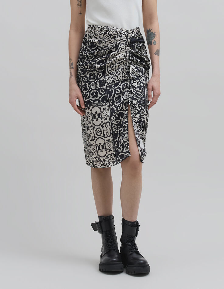 Falda negra fruncida estampado patchwork pa&ntilde;uelo Mujer-4