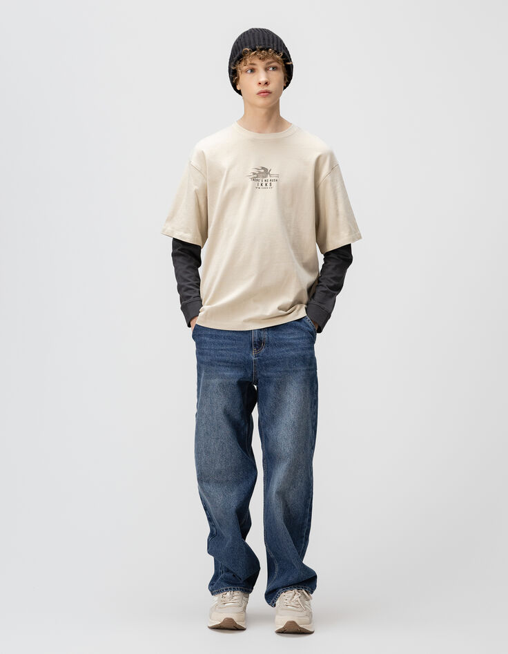 Camiseta beige algodón mangas trampantojo niño-1