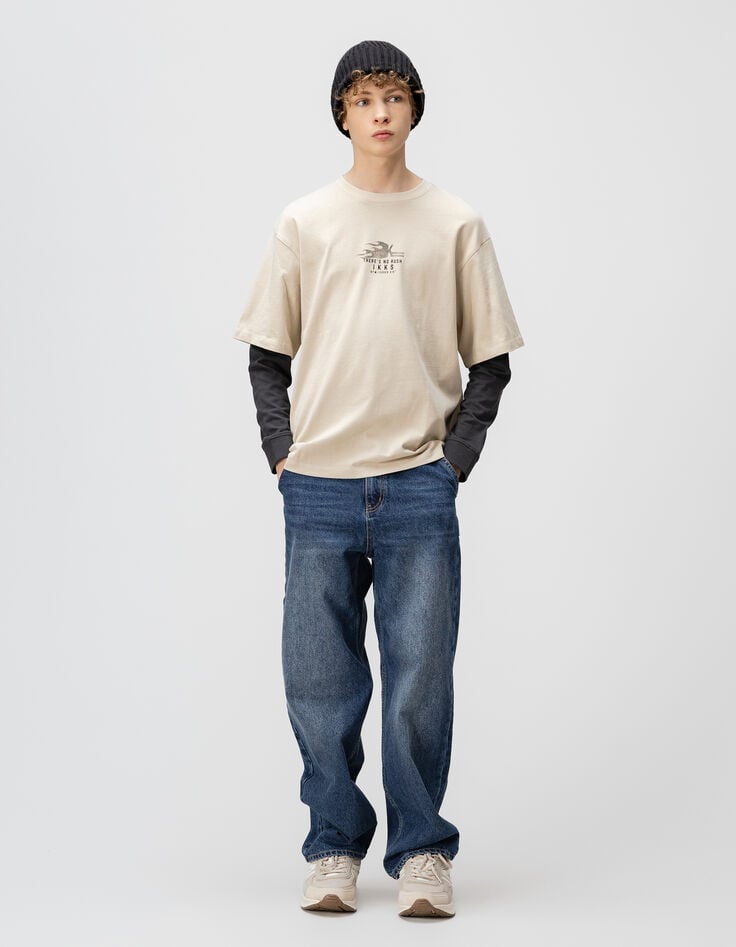 Camiseta beige algodón mangas trampantojo niño-1 Camiseta beige algodón mangas trampantojo niño-1