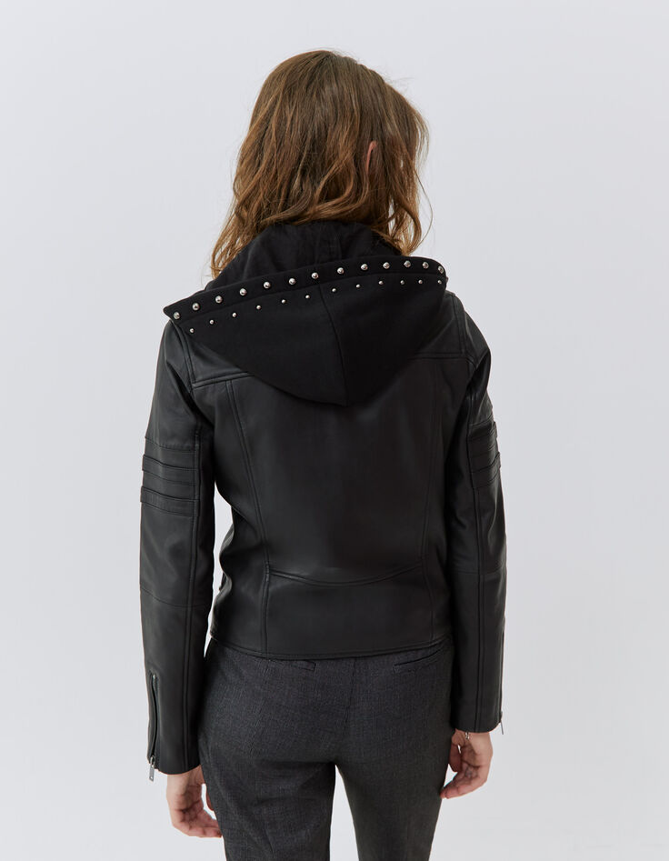 Zwart leren jasje bikerstijl afneembaar beleg Dames-4