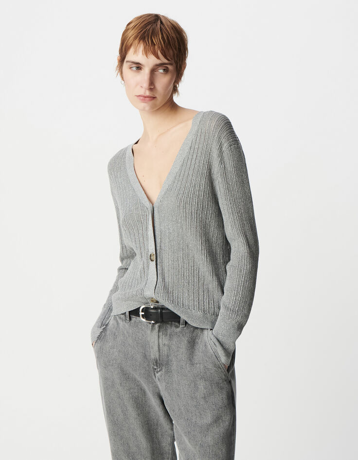 Elegante Cárdigan de lúrex gris calado para Mujer-2