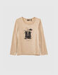 Tee-shirt beige moyen visuel boots et fleurs fille-1