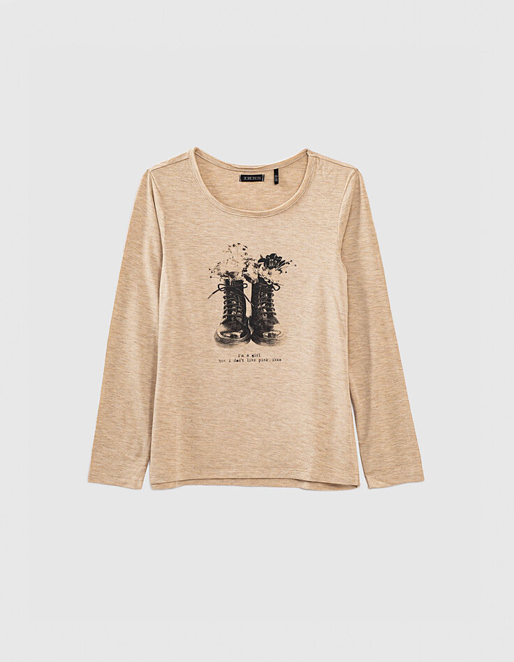Tee-shirt beige moyen visuel boots et fleurs fille-1 Tee-shirt beige moyen visuel boots et fleurs fille-1