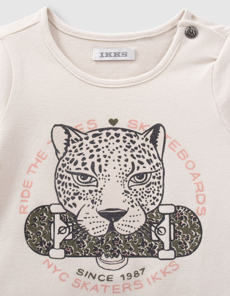 T-shirt beige visuel léopard et skate bébé fille-2