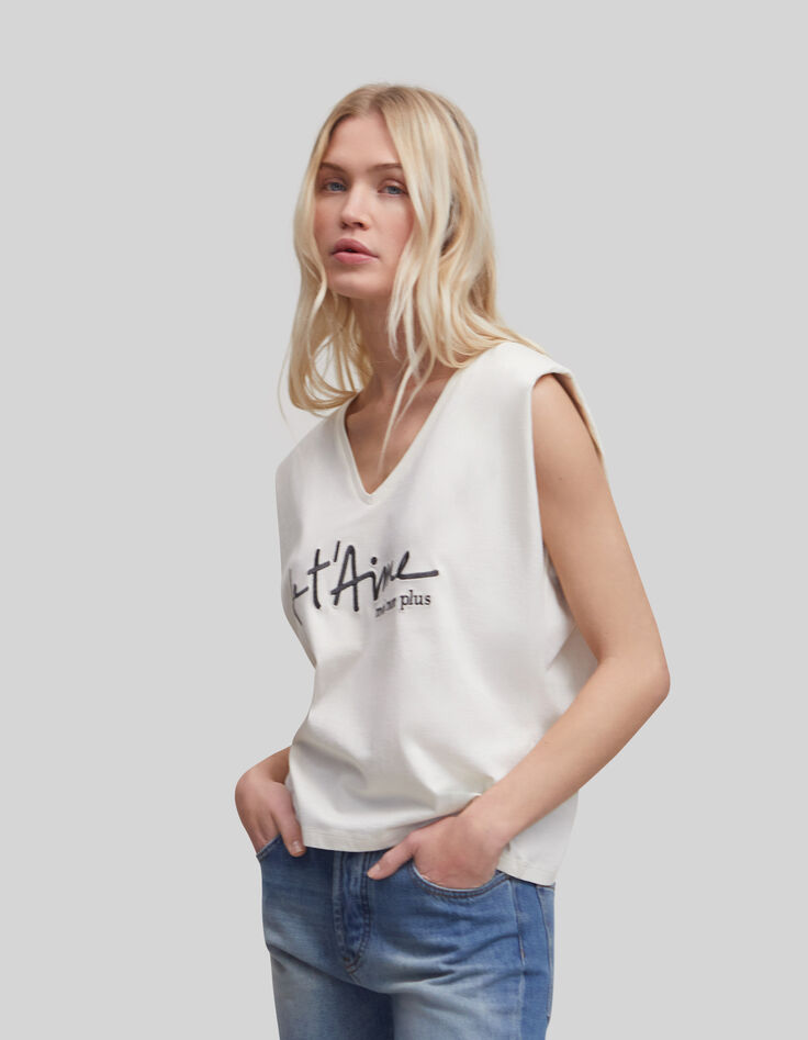 Cremewei&szlig;es Damen-T-Shirt mit gesticktem Schriftzug-5