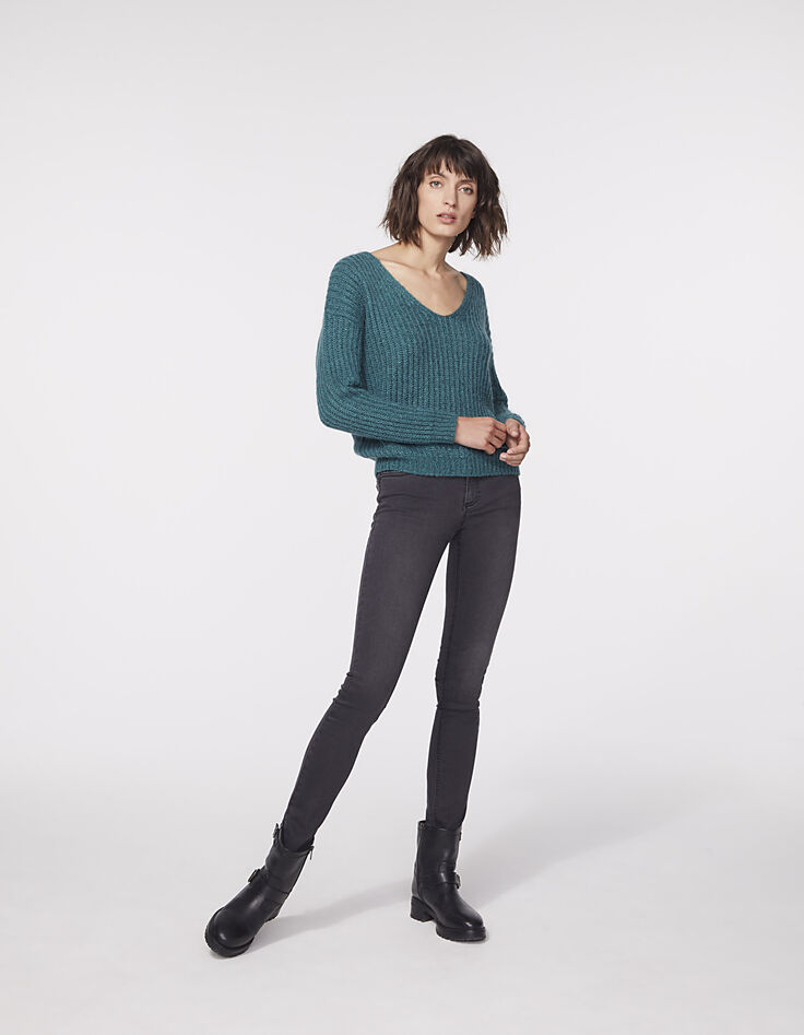 Pull vert col V laine mousseuse métallisée femme-6